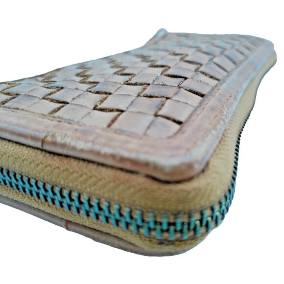 ZOA Wallet Cards Coin Purse Genuine Brown Leather Woven Design Zip Around Clutch - Picture 6 of 11